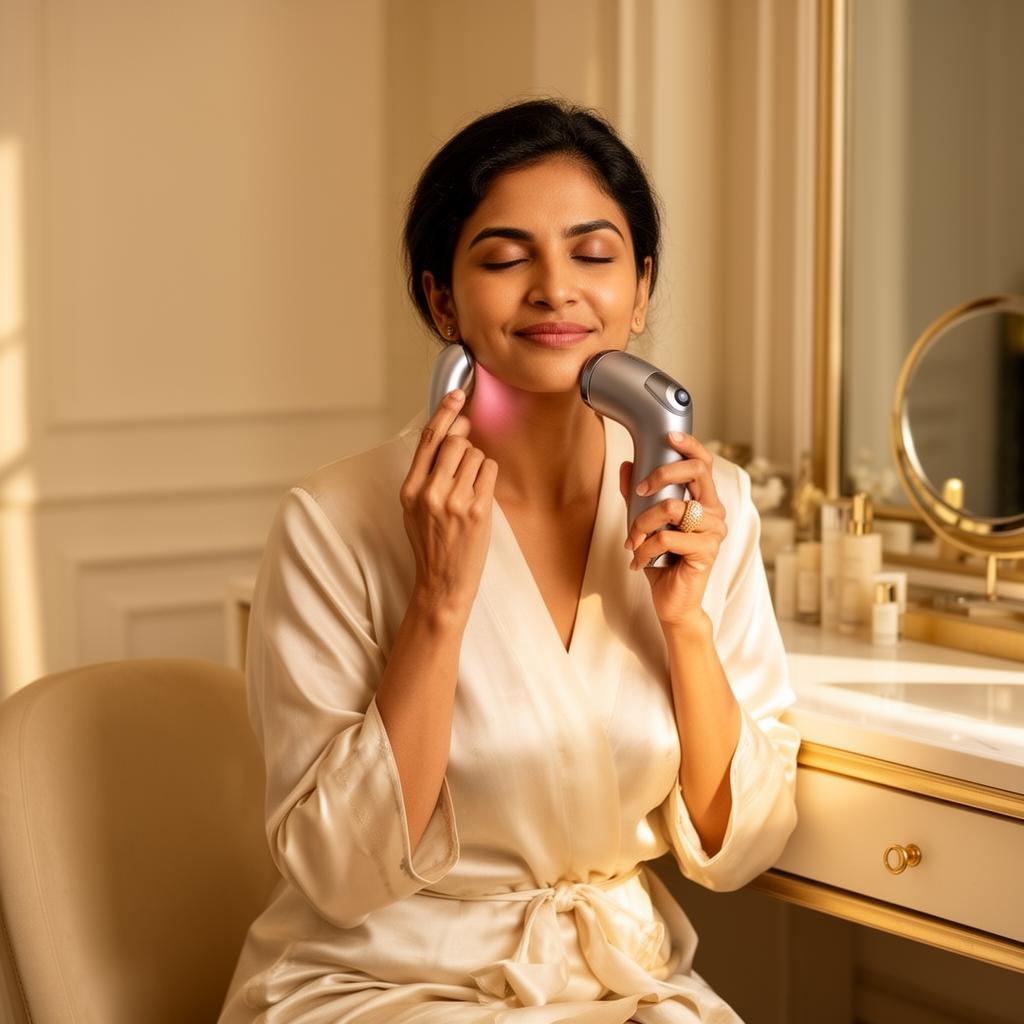 Woman using the Aabha Glow Device